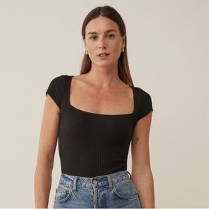 Reformation Bardot Ribbed Knit Top in Black